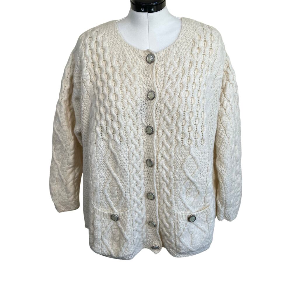 Aran Crafts XXL Vintage Cream Cable Knit Fisherman Cardigan Button-front Pockets - Picture 5 of 16